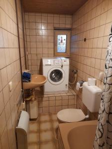 a small bathroom with a washing machine and a sink at Haus Guttenberg in Guttenberg