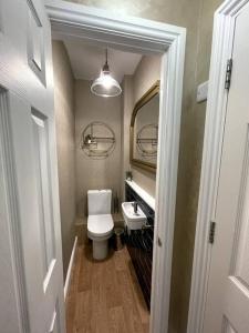 a bathroom with a toilet and a sink and a mirror at 3-Bed Luxe Truro Townhouse Gem. Escape in Style! in Truro