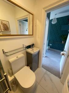 a bathroom with a toilet and a sink and a mirror at 3-Bed Luxe Truro Townhouse Gem. Escape in Style! in Truro