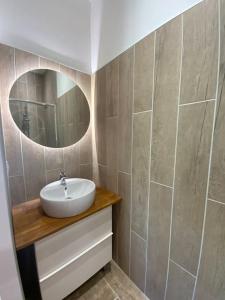 een badkamer met een wastafel en een spiegel bij Maison au calme au pied du luberon in La Bastide-des-Jourdans