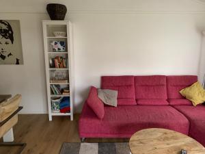 a living room with a red couch and a book shelf at Modernes Ferienhaus Willingen in Willingen