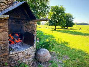 un horno de piedra con fuego en un campo en AU COEUR DE LA NATURE, en Allaire