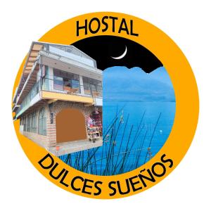 a circle with a picture of a hotel and the ocean at Hostal Dulces Sueños in Panajachel