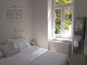 a bedroom with a white bed and a window at Luxurios and historic apartment "Shine" - right on the Main Square in Zagreb