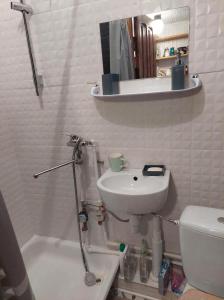 een badkamer met een wastafel, een toilet en een spiegel bij Poilsio kampelis virš cukrainės Druskininkuose in Druskininkai