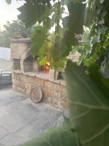 Un horno de piedra con fuego. en Fig&Olive Luxury one bedroom boutique in Pachna en Limassol