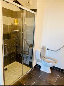 a bathroom with a toilet and a glass shower at T2 récent 45m2, Parking inclus, Clim in Aix-en-Provence