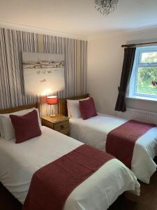 a hotel room with two beds and a window at Talybont Bed and Breakfast in Barmouth