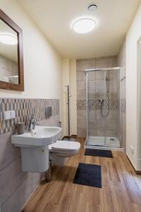 a bathroom with a sink and a shower at Mazury Zakątek Salpia 1 dom apartament 10 osób Family 1 in Prażmowo