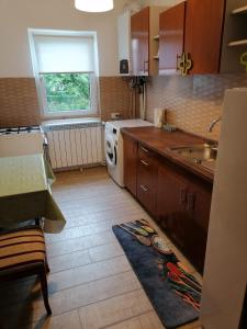 uma pequena cozinha com um lavatório e um fogão em Anna's em Sibiu