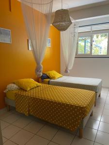 2 camas en una habitación con paredes amarillas y ventana en Bas de Villa ALPINIA au Gosier, en Le Gosier