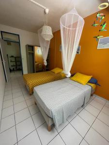 - une chambre avec 2 lits avec des rideaux dans l'établissement Bas de Villa ALPINIA au Gosier, au Gosier