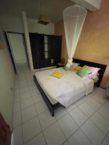 ein Schlafzimmer mit einem großen weißen Bett in einem Zimmer in der Unterkunft Bas de Villa ALPINIA au Gosier in Le Gosier