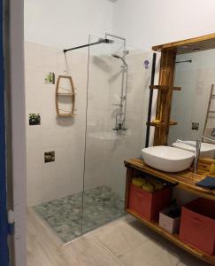a bathroom with a sink and a glass shower at Bas de Villa ALPINIA au Gosier in Le Gosier