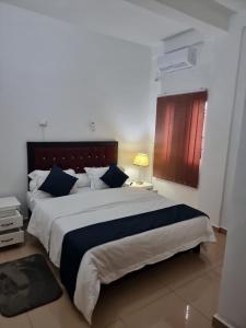a bedroom with a large bed with blue pillows at Baobab Lodge Douala (Bonamoussadi) in Douala