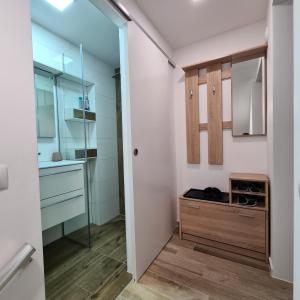 a small bathroom with a sink and a mirror at Apartment DINLUX in Maribor
