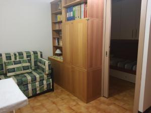 een woonkamer met een bank en een boekenplank bij CasaEndine in Ranzanico
