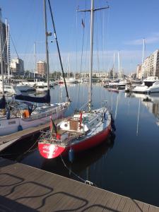 a sail boat docked in a marina with other boats at Laluna holiday apartment in Ostend