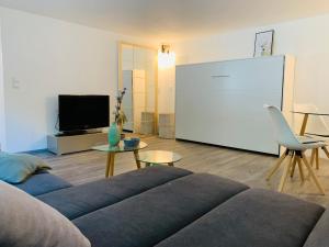 a living room with a couch and a large white screen at Schickes Apartment mit direkter Waldrandlage in Geisenheim