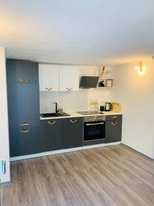uma cozinha com armários cinzentos e um lavatório em Schickes Apartment mit direkter Waldrandlage em Geisenheim