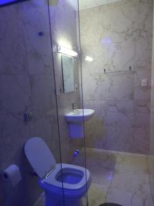 a bathroom with a toilet and a sink and a shower at Hostel Trilhas e Rotas - a 150m da Avenida Paulista in Sao Paulo