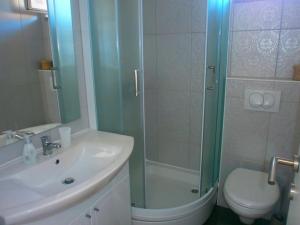 a bathroom with a shower and a toilet and a sink at Seaside holiday house Trpanj, Peljesac - 16703 in Trpanj