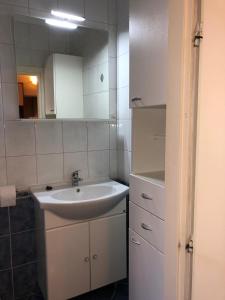 ein Bad mit einem Waschbecken und einem Spiegel in der Unterkunft Apartment Barbat 16723b in Rab
