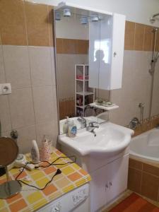 ein Badezimmer mit einem Waschbecken, einem Spiegel und einer Badewanne in der Unterkunft Family friendly house with a parking space Licki Osik, Velebit - 16777 in Gospić