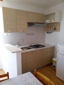 La cuisine est équipée de placards en bois, d'un évier et d'un réfrigérateur. dans l'établissement Apartments by the sea Valun, Cres - 16714, à Valun