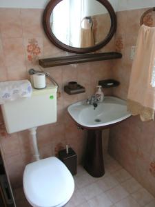 a bathroom with a toilet and a sink and a mirror at Seaside holiday house Drvenik Veliki, Drvenik - 16937 in Drvenik Veli