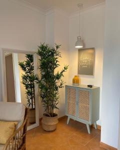 un salon avec une table et une plante en pot dans l'établissement Cabanas Acqua Golden, à Cabanas de Tavira