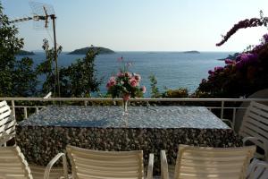 - une table avec un bouquet de fleurs au-dessus de l'océan dans l'établissement Apartments by the sea Prizba, Korcula - 16900, à Prižba