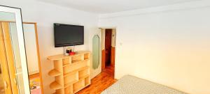 a living room with a flat screen tv on a wall at Apartment Niceview in Târgu-Mureş