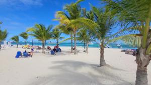 un grupo de personas sentadas en una playa con palmeras en Blue Heaven Guest House Bávaro, Punta Cana, Ideal For Couples, en Punta Cana