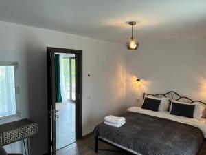 ein Schlafzimmer mit einem großen Bett und einem Fenster in der Unterkunft Transylvania House in Moieciu de Jos