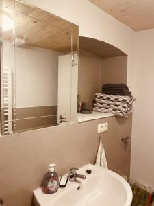 a bathroom with a sink and a mirror at Ferienwohnung Zu den Weinbergen in Zeil