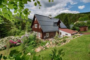 a wooden house with a black roof on a hill at Roubenka Jelen.ka in Rokytnice nad Jizerou