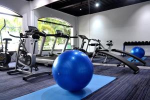 ein Fitnessstudio mit mehreren Heimtrainern und einem blauen Ball in der Unterkunft Vivere Condominium in Vigan City