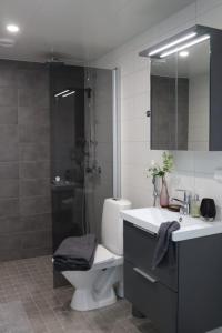 a bathroom with a toilet and a shower and a sink at Uusi upea asunto järvinäköalalla ja autohallilla in Tampere