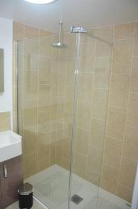 a shower with a glass door in a bathroom at Round The Bend, an annexe in the quiet village of Odcombe in Montacute