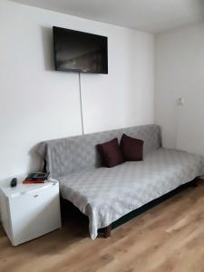 Cette chambre comprend un canapé et une télévision murale. dans l'établissement Apartmán u Benkov, à Lúčky