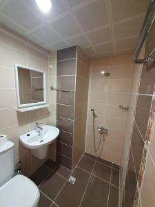 uma casa de banho com um WC, um lavatório e um chuveiro em Sergent Hotel em Kusadası