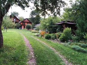 a dirt road in front of a yard with houses at Галіція in Beloberëzka +18 photos