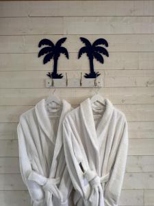 twee handdoeken aan een muur met palmbomen bij Domaine de Roullet in Roullet