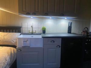 a kitchen with a sink in a room with a bed at Roosters Retreat in Launceston