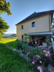 a house in a field with flowers in front of it at Chalupa U Kolibříka in Želnava