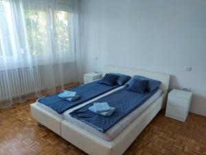 Schlafzimmer mit einem Bett mit blauer Bettwäsche und Kissen in der Unterkunft Apartman Blok 45 (reka Sava) in Belgrad