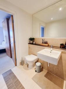 a bathroom with a sink and a toilet and a mirror at Luxury City Centre Home With Free Secure Parking in Stalybridge
