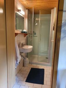 a bathroom with a shower and a sink at Gästehaus Linder Ferienwohnungen in Mittelberg