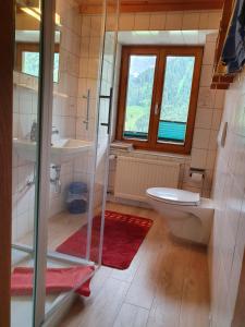 a bathroom with a shower and a toilet and a sink at Gästehaus Linder Ferienwohnungen in Mittelberg